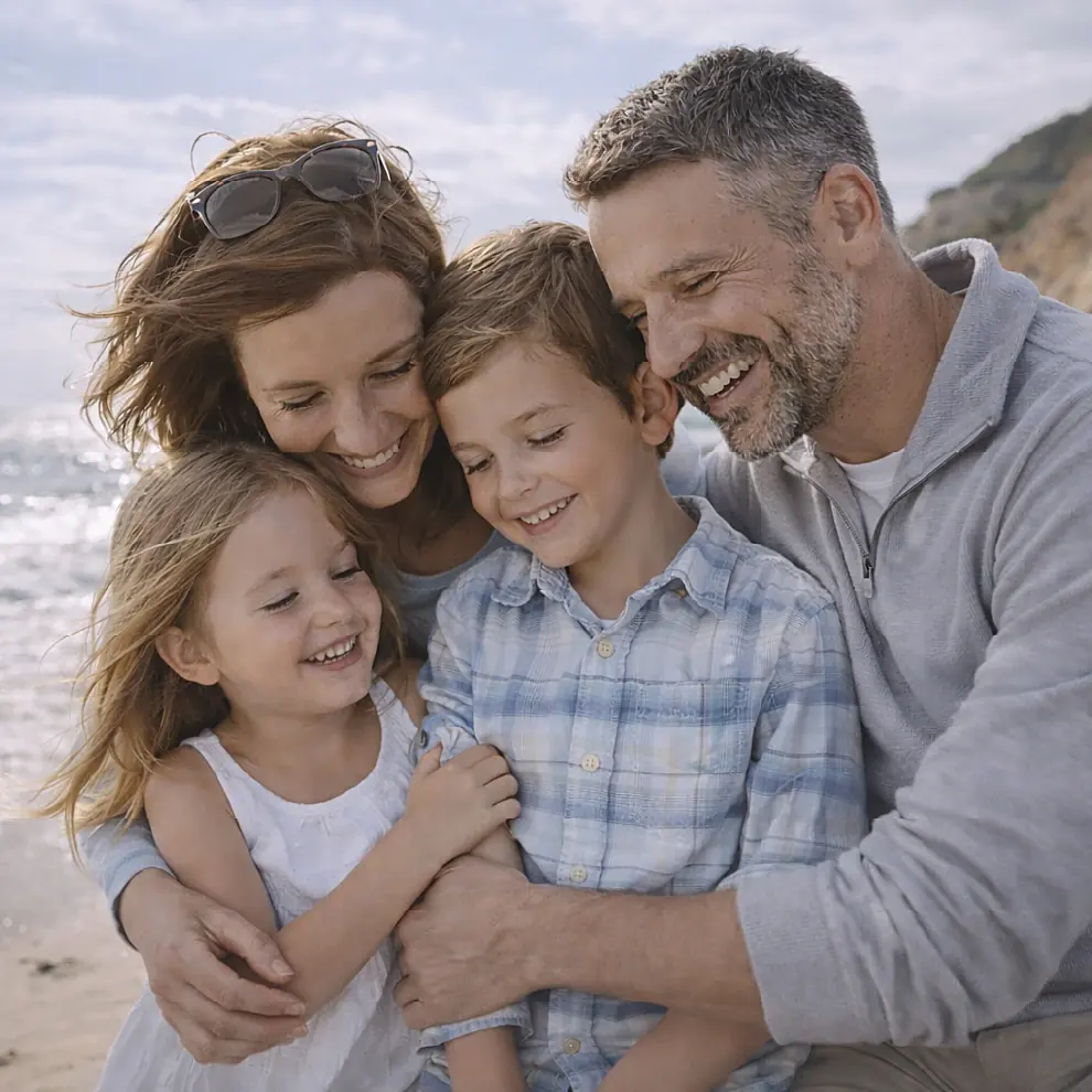 A family together at the beach, a mother holding her young son
